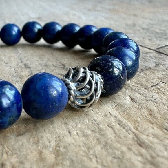 Lapis Lazuli Gemstone Bracelet Sterling Silver Accent Bead Unisex - 8mm Beads - Picture 1 of 5